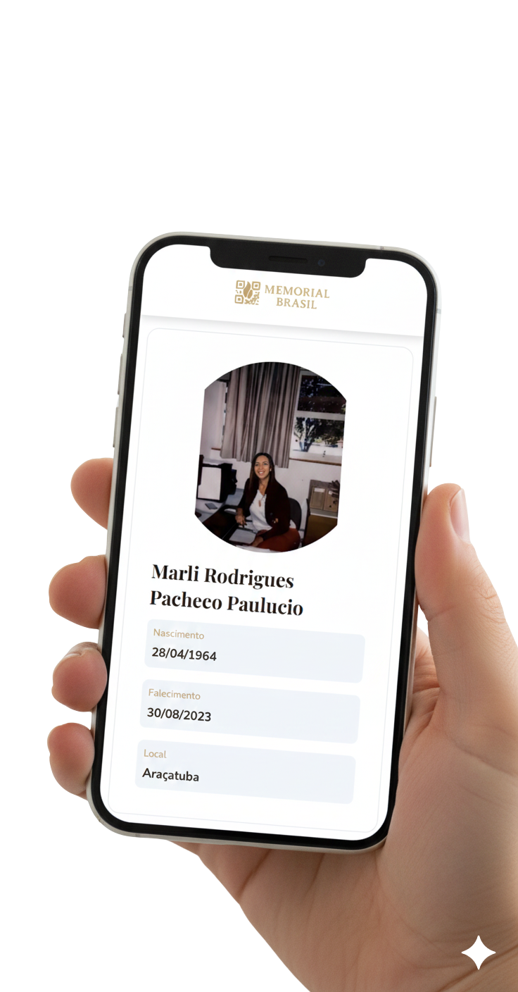 Memorial digital aberto em um smartphone, mostrando foto, nome, nascimento, falecimento e local