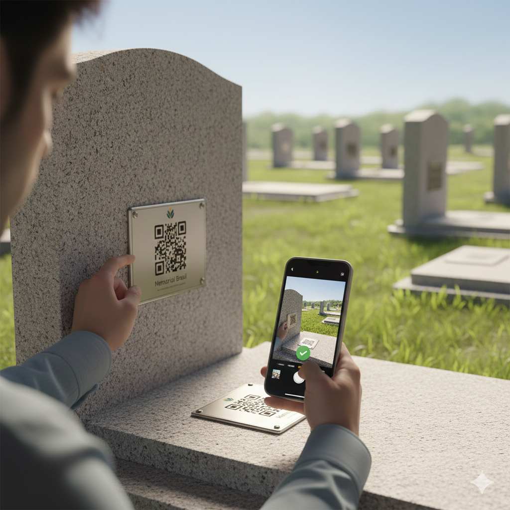 Familiar utilizando o celular para escanear a placa com QR Code fixada em um túmulo